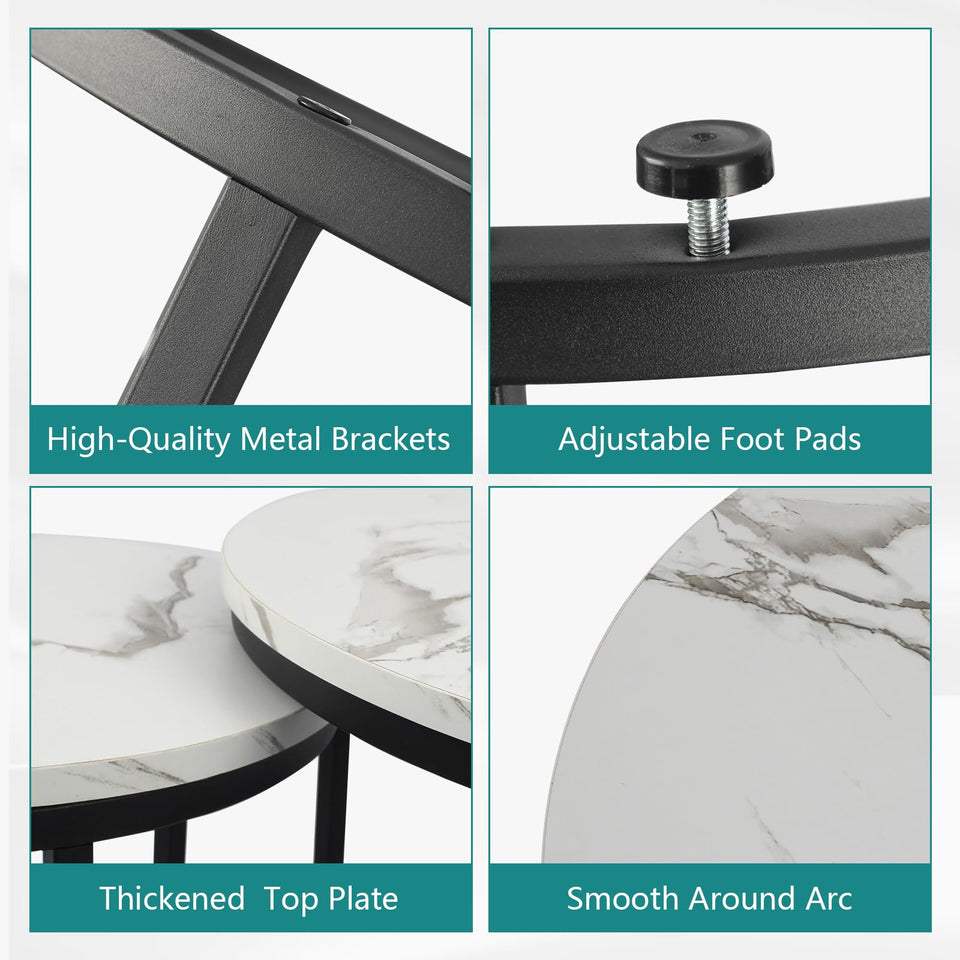 Smuxee Nesting Coffee Table Set of 2, 23.6" Round Coffee Table Wood Grain Top with Adjustable Non-Slip Feet, Industrial End Table Side Tables for Living Room Bedroom Balcony Yard