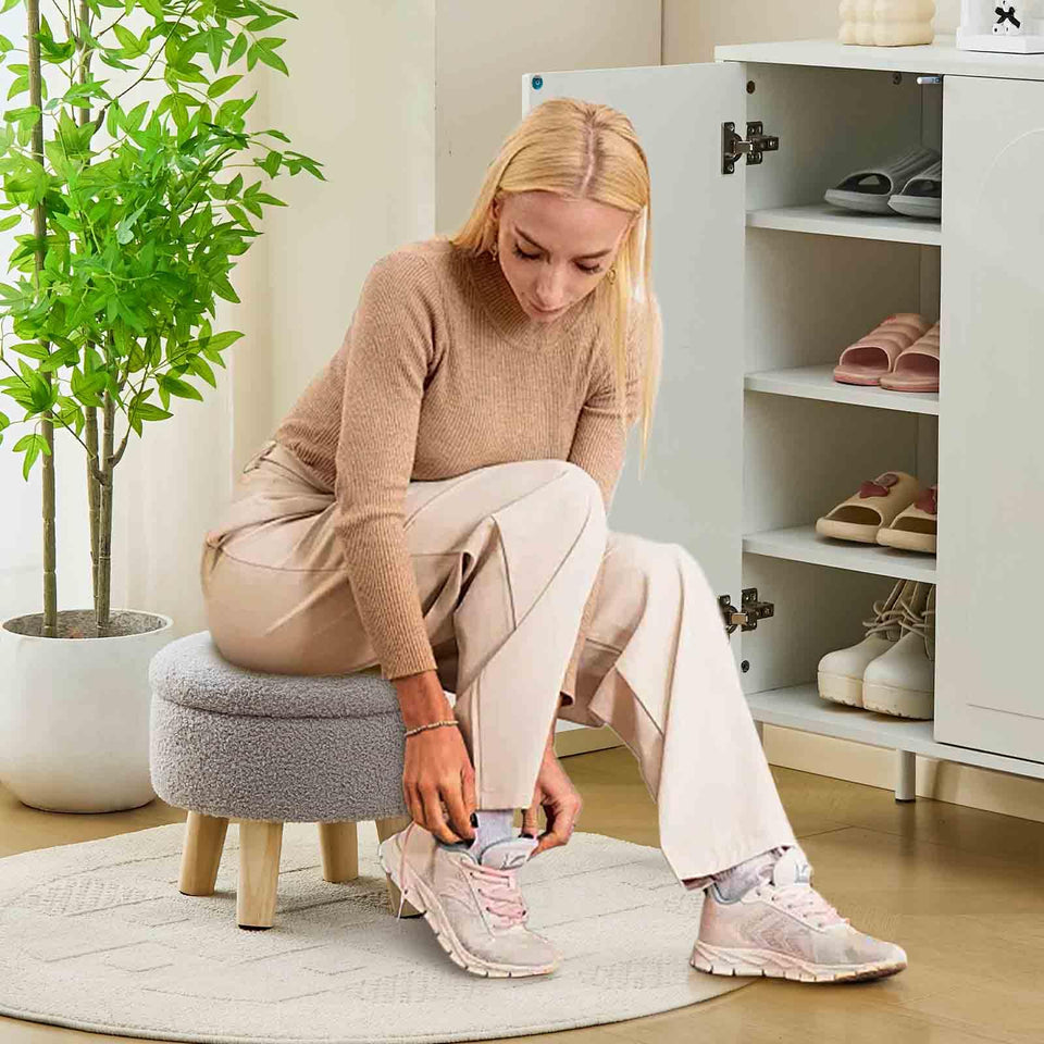 Wimarsbon Storage Ottoman, Modern Round Footrest with Soft Padded Seat, Teddy Velvet Footstool with Wood Legs, Accent Small Table or Plant Stand for Hallway, Living Room (Cream)