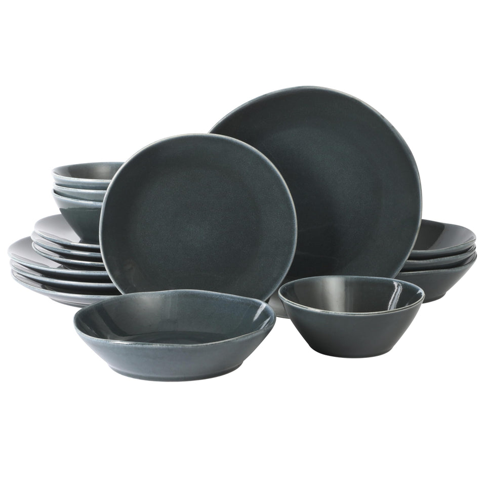 Bloomhouse Santorini Mist Double Bowl Terracotta Reactive Glaze Plates and Bowls Dinnerware Set - Amber, Service for Four (16pcs)