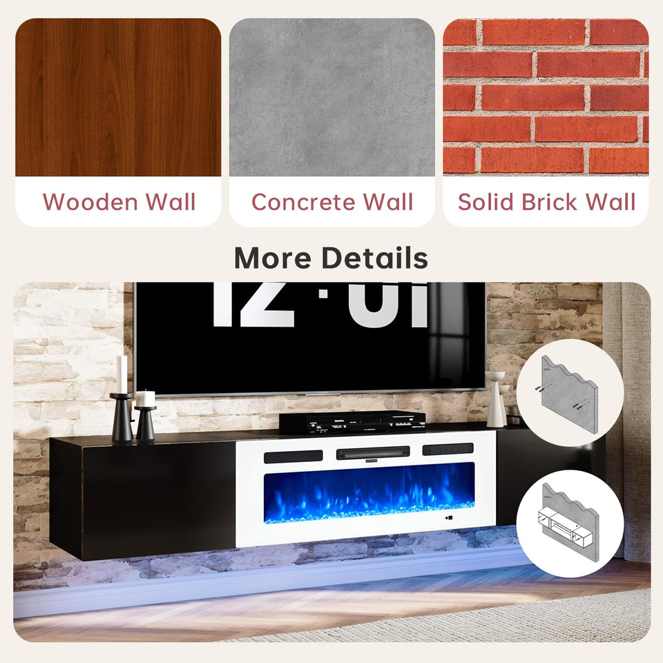 oneinmil 70" Floating TV Stand with 36" Electric Fireplace, Wall Mounted Fireplace Entertainment Center with Storage, Fire Place TV Console for Living Room, All Black