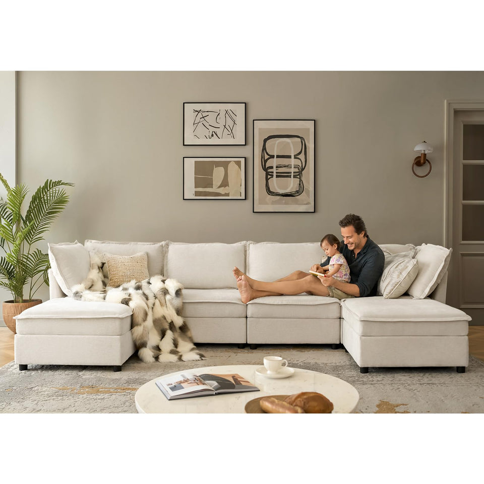 HULALA HOME 127'' Modular Sectional Sofa, Oversized U Shaped Couch with Storage Ottoman, Comfy Chenille Sofa with Deep Seat, 6 Seat Convertible Couches for Living Room, Beige