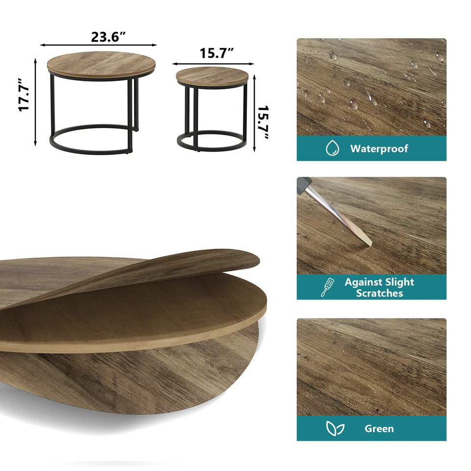 Smuxee Nesting Coffee Table Set of 2, 23.6" Round Coffee Table Wood Grain Top with Adjustable Non-Slip Feet, Industrial End Table Side Tables for Living Room Bedroom Balcony Yard