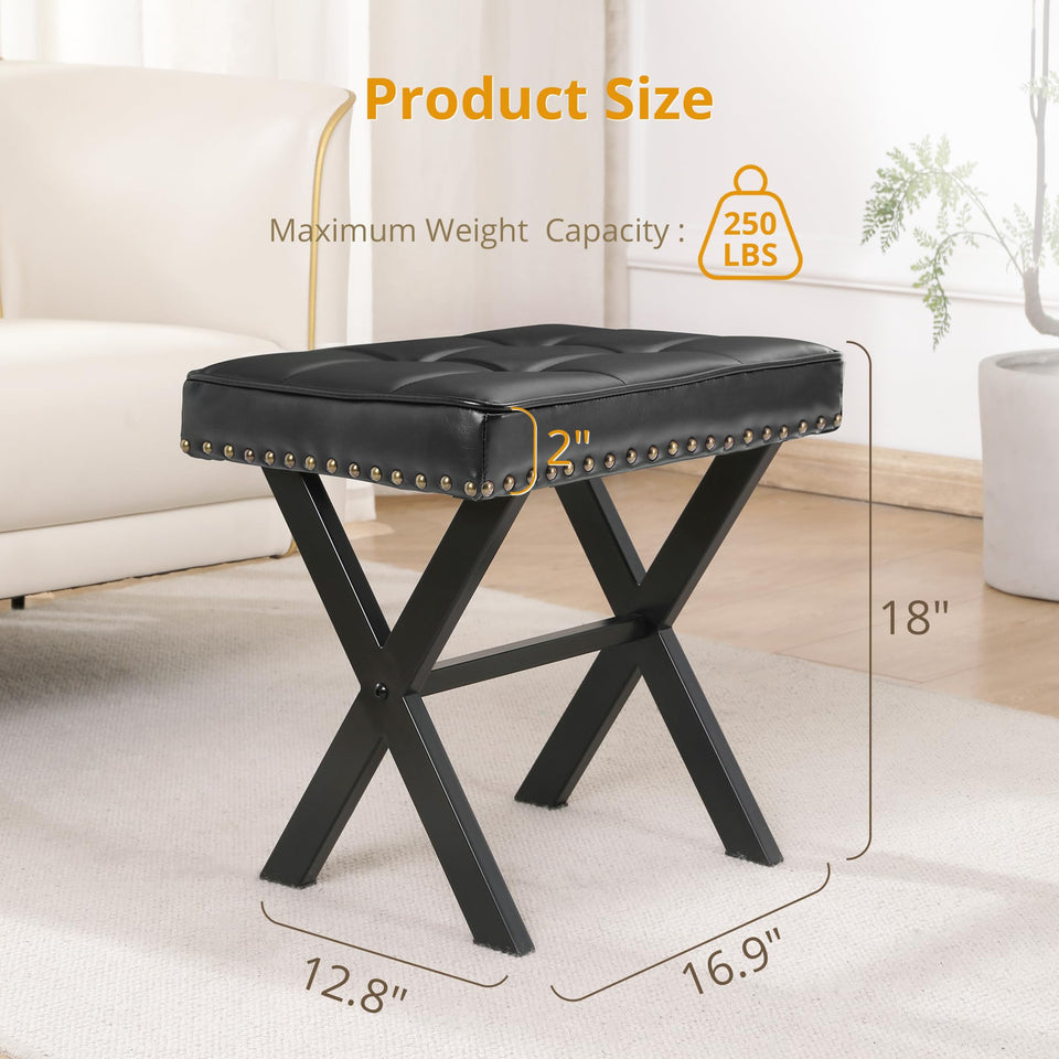 LUE BONA Square Linen Makeup Stool, Metal X Legs, Small Ottoman Stool Chair for Vanity, Modern Padded Seat Foot Rest for Makeup Room, Bathroom