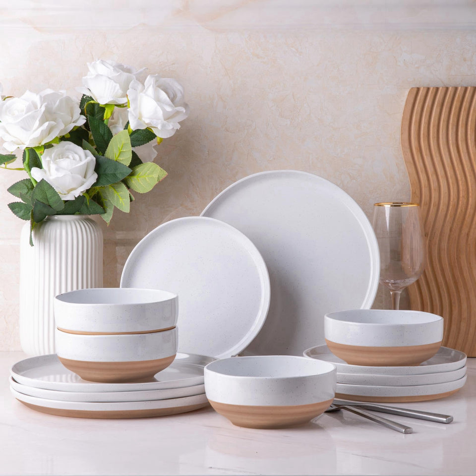 AmorArc Ceramic Dinnerware Sets for 8, 24 Pieces Handpainted Plates and Bowls Set with Rustic Terracotta Underside, Scratch Resistant Stoneware Dishes Set, Dishwasher & Microwave Safe, Light Beige