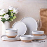 AmorArc Ceramic Dinnerware Sets for 8, 24 Pieces Handpainted Plates and Bowls Set with Rustic Terracotta Underside, Scratch Resistant Stoneware Dishes Set, Dishwasher & Microwave Safe, Light Beige