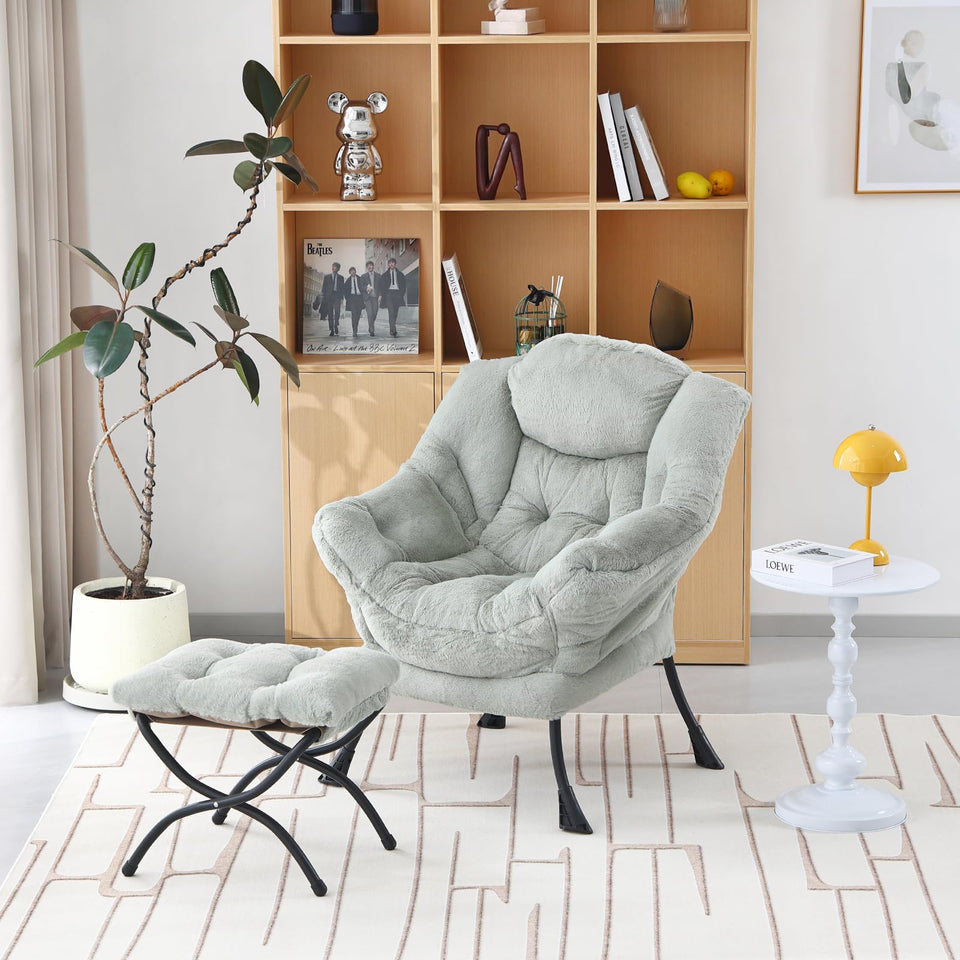 Welnow Lazy Chair with Ottoman, Modern Lounge Accent Chair with Armrests and a Side Pocket, Leisure Sofa Armchair, Reading Armchair with Footrest for Small Space, Dark Grey