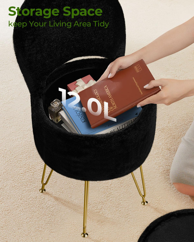 GREENSTELL Small Vanity Stool Chair with Storage and Folding Back, 13" x 13" x 17.7" Faux Fur Soft Ottoman for Teenager, 4 Metal Legs with Anti-Slip Feet, Furry Padded Seat for Makeup, Bedroom, White