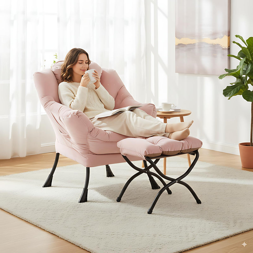 LITA Lazy Chair with Ottoman, Modern Accent Leisure Upholstered Lazy Sofa Armchair, Contemporary Lounge Reading Chair with Armrests and a Side Pocket for Living Room, Bedroom & Small Space, Dark Grey