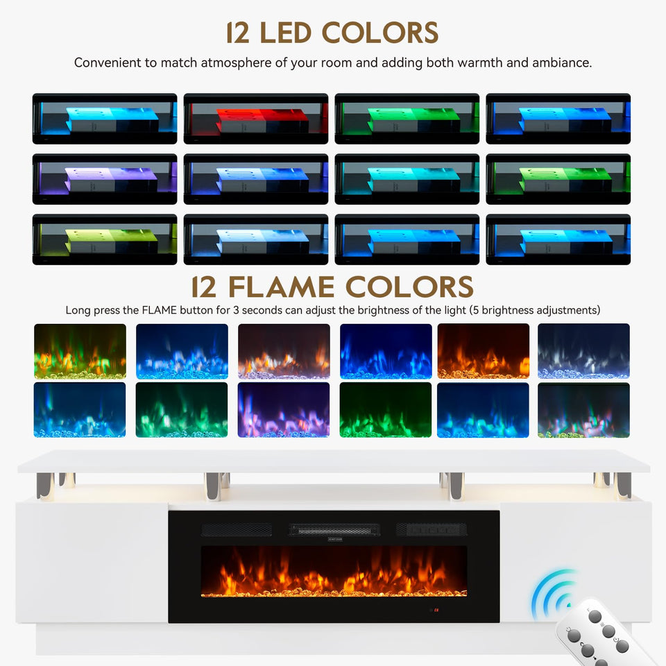 OneBlis 70" TV Stand for Living Room, Modern Entertainment Center & Media Console, Fits TVs up to 80", Storage Cabinet with Shelves, 36" Electric Fireplace with LED Flame (All Black)