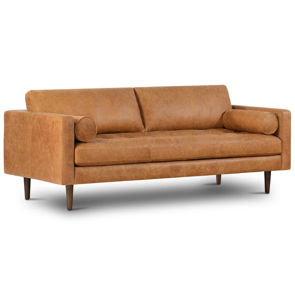 POLY & BARK Napa 72" Apartment Sofa – Italian-Tanned Full-Grain Pure-Aniline or Semi-Aniline Leather, Feather-Down Cushioning, Kiln-Dried Solid Wood Frame, Walnut Legs - Cognac Tan