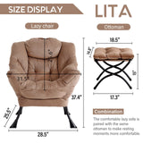 LITA Lazy Chair with Ottoman, Modern Accent Leisure Upholstered Lazy Sofa Armchair, Contemporary Lounge Reading Chair with Armrests and a Side Pocket for Living Room, Bedroom & Small Space, Dark Grey