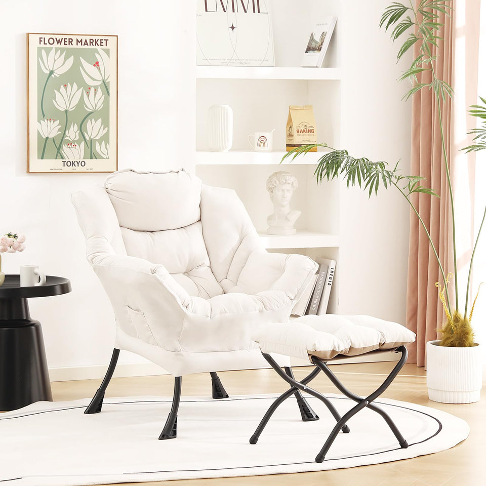 Welnow Lazy Chair with Ottoman, Modern Lounge Accent Chair with Armrests and a Side Pocket, Leisure Sofa Armchair, Reading Armchair with Footrest for Small Space, Dark Grey