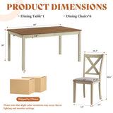 AMERLIFE 7-Piece Farmhouse Solid Wood Dining Table Set with 6 Upholstered Chairs, 60" Space Saving Dinner Table & Chairs Set, for Dining Room, Kitchen, Restaurant, Brown & White