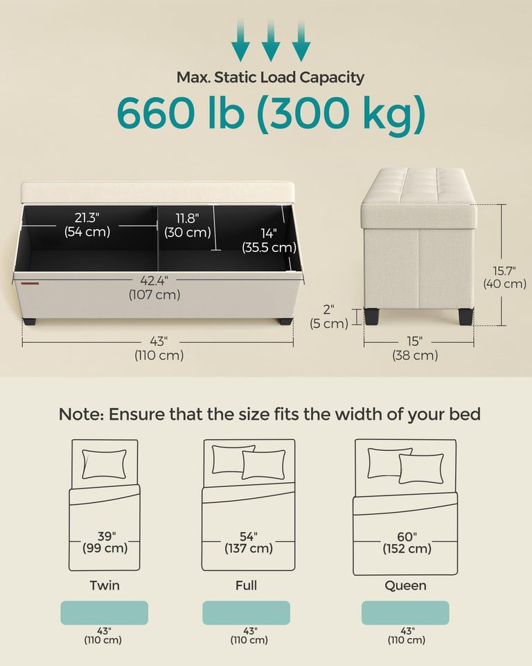 SONGMICS Storage Ottoman Bench, Foldable Foot Rest with Legs, 15 x 43 x 15.7 Inches, End of Bed Bench, Storage Chest, Load up to 660 lb, for Living Room, Bedroom, Entryway, Ink Black ULSF018B01