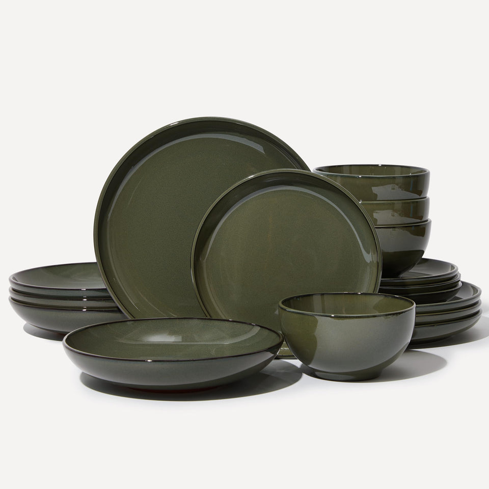 Pokini 24 Piece Dinnerware Sets for 8, Modern Stoneware Plates and Bowls Setst, Perfect for Family Gatherings & Holiday Celebrations, Easy Cleaning Dishes Set, Stack Compactly Dishware, Brown Green