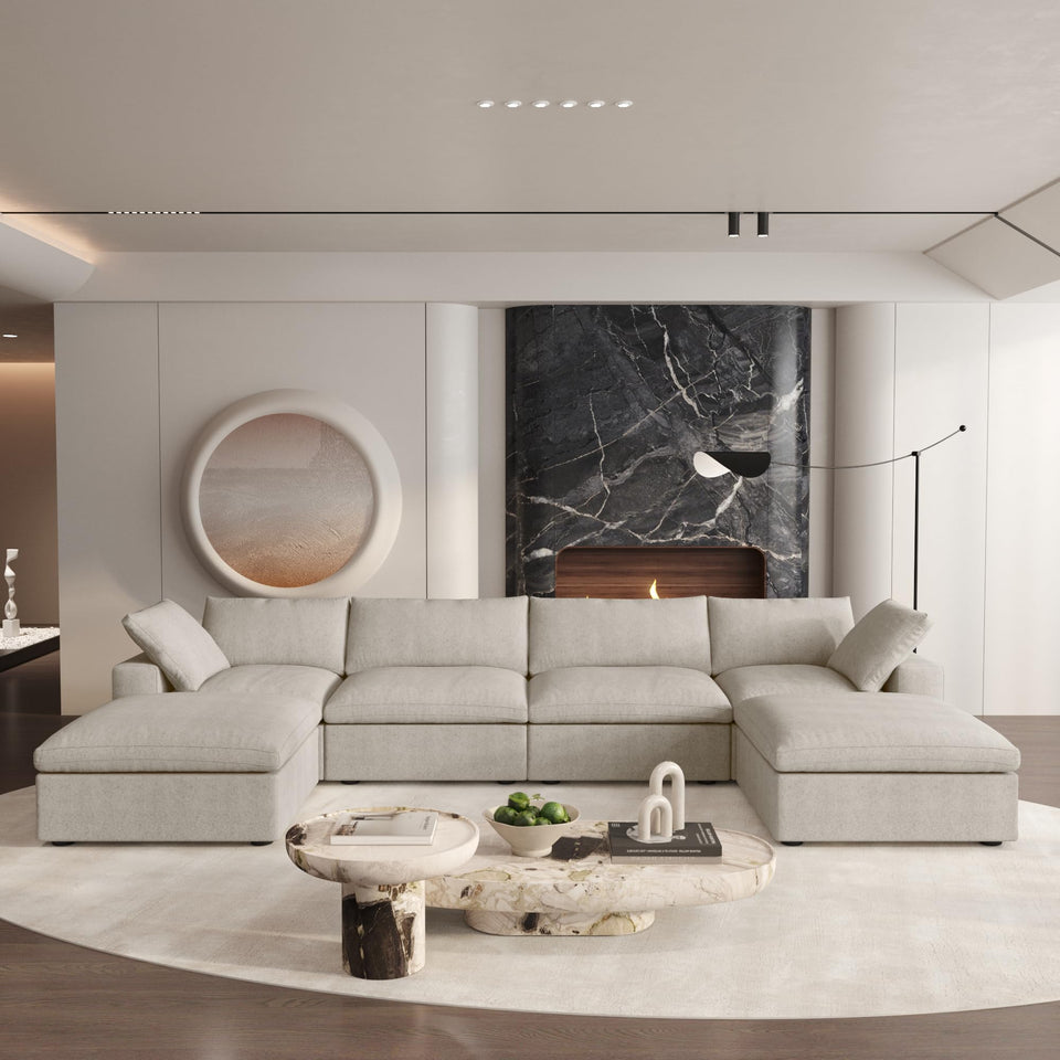 160.6" Cloud Couch Modular Sectional Sofa for Livingroom,Oversized Convertible Sofa with Storage Ottomans,6 Seat Wide Couches,Cushion Covers Removable (Khaki, 6 Seater)