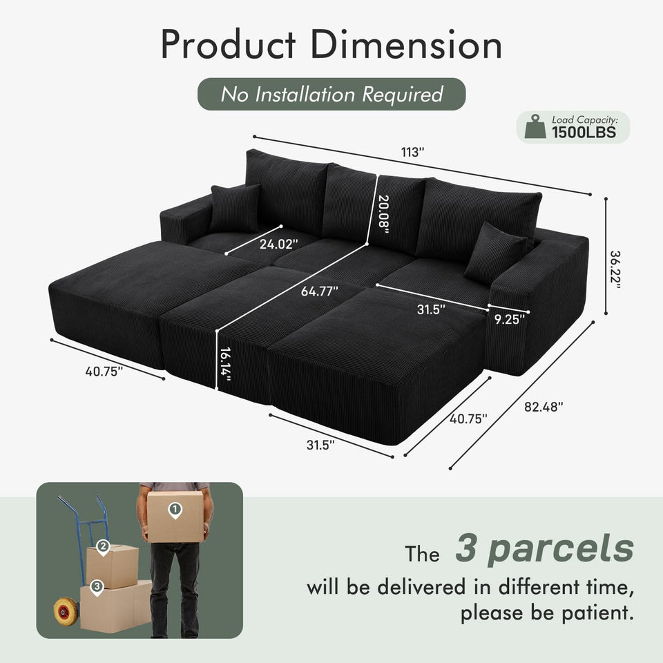 Boneless Sectional Cloud Couch Sofa for Living Room, 112" U-Shaped Modular Modern Lounge Sleeper Black Couches with Chaise, No Assemble, Cordury Compression Upholstered Sofas