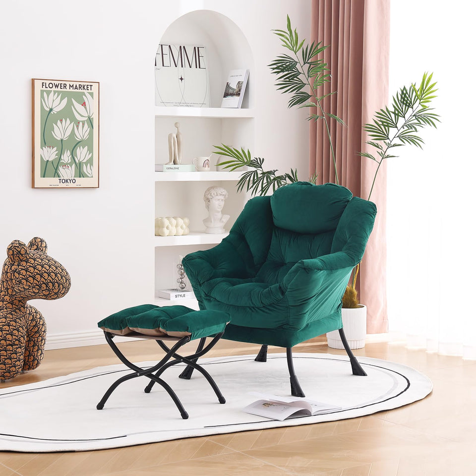 Welnow Lazy Chair with Ottoman, Modern Lounge Accent Chair with Armrests and a Side Pocket, Leisure Sofa Armchair, Reading Armchair with Footrest for Small Space, Dark Grey