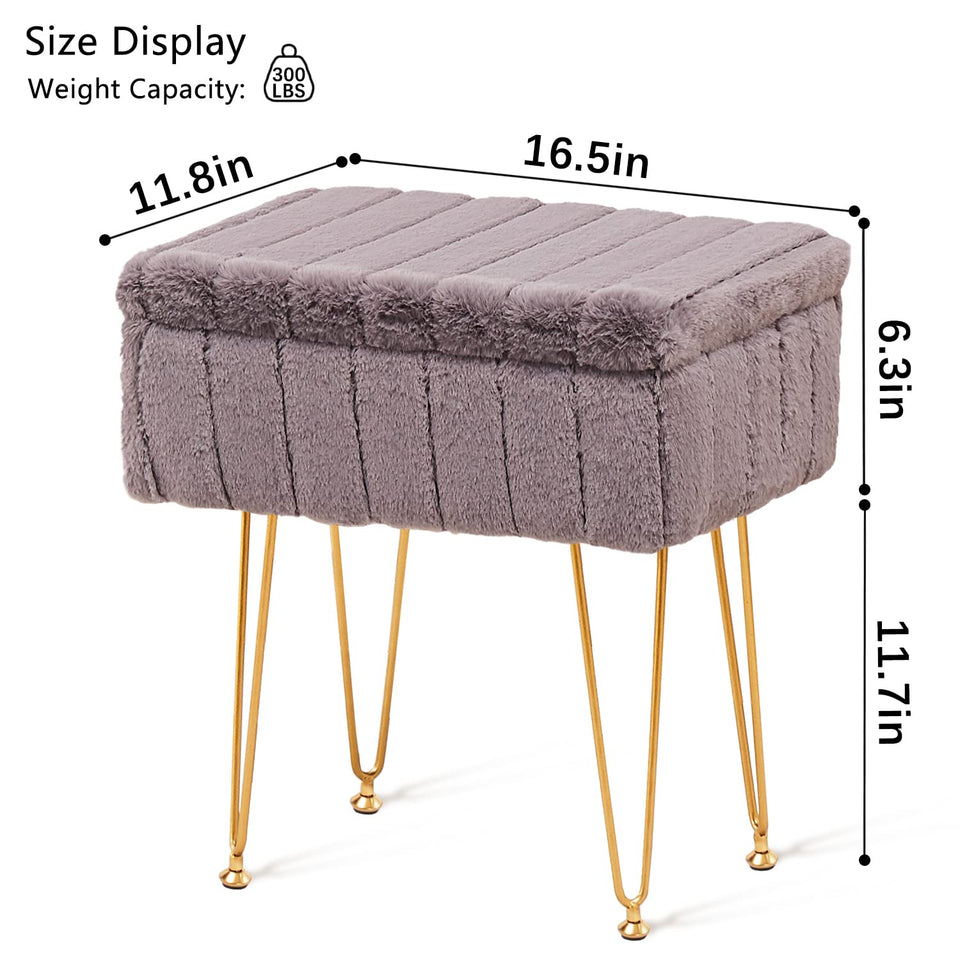Wimarsbon Storage Ottoman, Vanity Stools with Metal Legs, 16.5" x 11.8" x 18" Modern Faux Mink Fur Footstool, Makeup Chair with Anti-Slip Feet, Accent Table,Footrest,Storage Bench for Bedroom