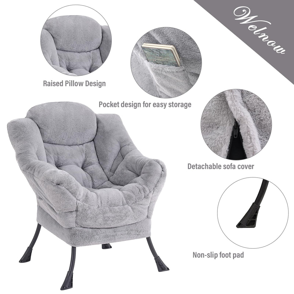 Welnow Lazy Chair with Ottoman, Modern Lounge Accent Chair with Armrests and a Side Pocket, Leisure Sofa Armchair, Reading Armchair with Footrest for Small Space, Dark Grey