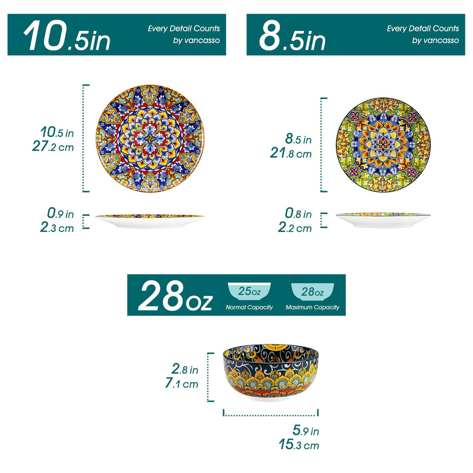 vancasso 24 Pieces Dinnerware Sets, Plates and Bowls Set, Porcelain Dishes Set for 6, Microwave and Dishwasher Safe, Scratch Resistant, Bohemian Style Dining Ware Service for 6, Series SIMI