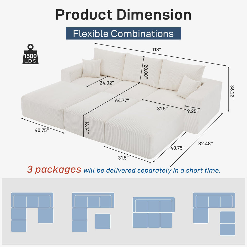 Sectional Cloud Boneless Sofa Couches for Living Room-113'' Beige 3 Seater U-Shaped Modern Lounge Couch-No Assembly Modular Corduroy Convertible Sponge Sleeper Sofas with Chaise for Home House