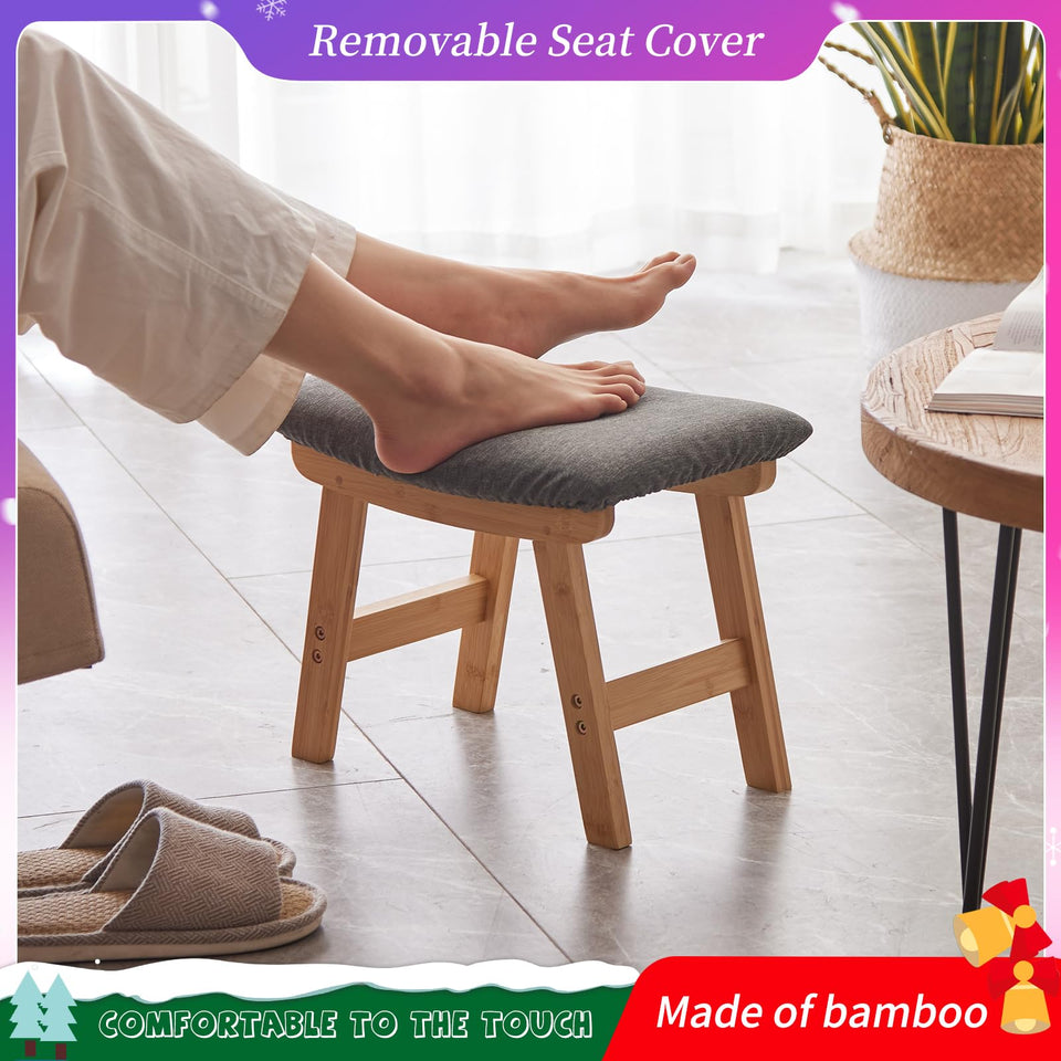 Foot Stool,Ottoman,Bamboo Small Sofa Foot Rest Under Desk,Extra Seating for Living Room, Bedroom and Kitchen(Brown Stool Legs - Beige Surface)