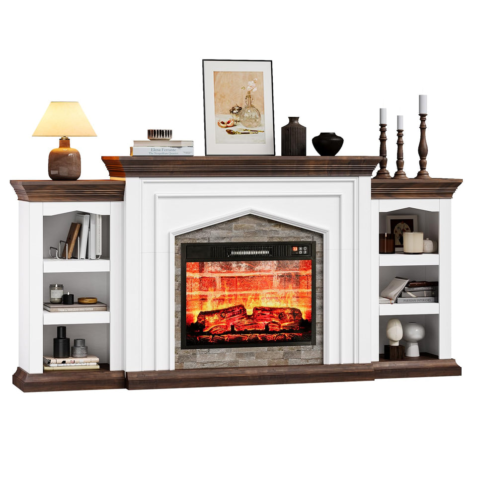 LGHM 72" Electric Fireplace with Mantel, Fireplace TV Stand for TVs Up to 80 Inch, Modern Entertainment Center with Storage, Realistic Stacked Stone Surround with Remote Control for Living Room