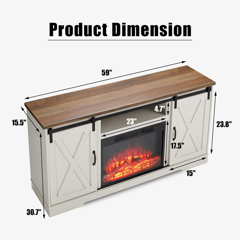 AMERLIFE Fireplace TV Stand with Sliding Barn Door for TVs up to 73", Farmhouse 63" Fireplace Entertainment Center with Storage Cabinets/Adjustable Shelves, Distressed White & Barnwood