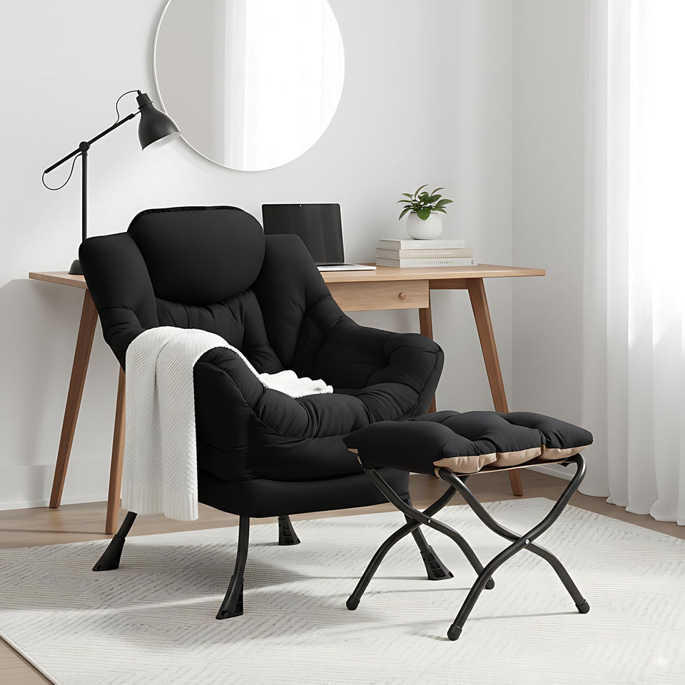 LITA Lazy Chair with Ottoman, Modern Accent Leisure Upholstered Lazy Sofa Armchair, Contemporary Lounge Reading Chair with Armrests and a Side Pocket for Living Room, Bedroom & Small Space, Dark Grey