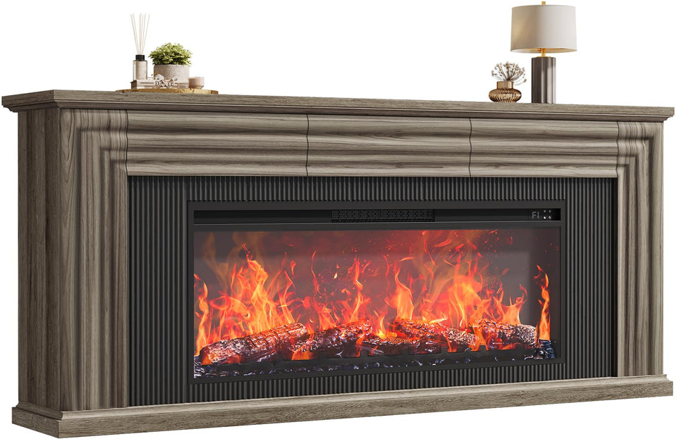 PRAISUN 70'' Fireplace TV Stand with 42'' Electric Fireplace, Farmhouse TV Stand for 65 75 Inch TV, Entertainment Center TV Console with 3 Drawers, Fluted Design, for Living Room, Distressed White