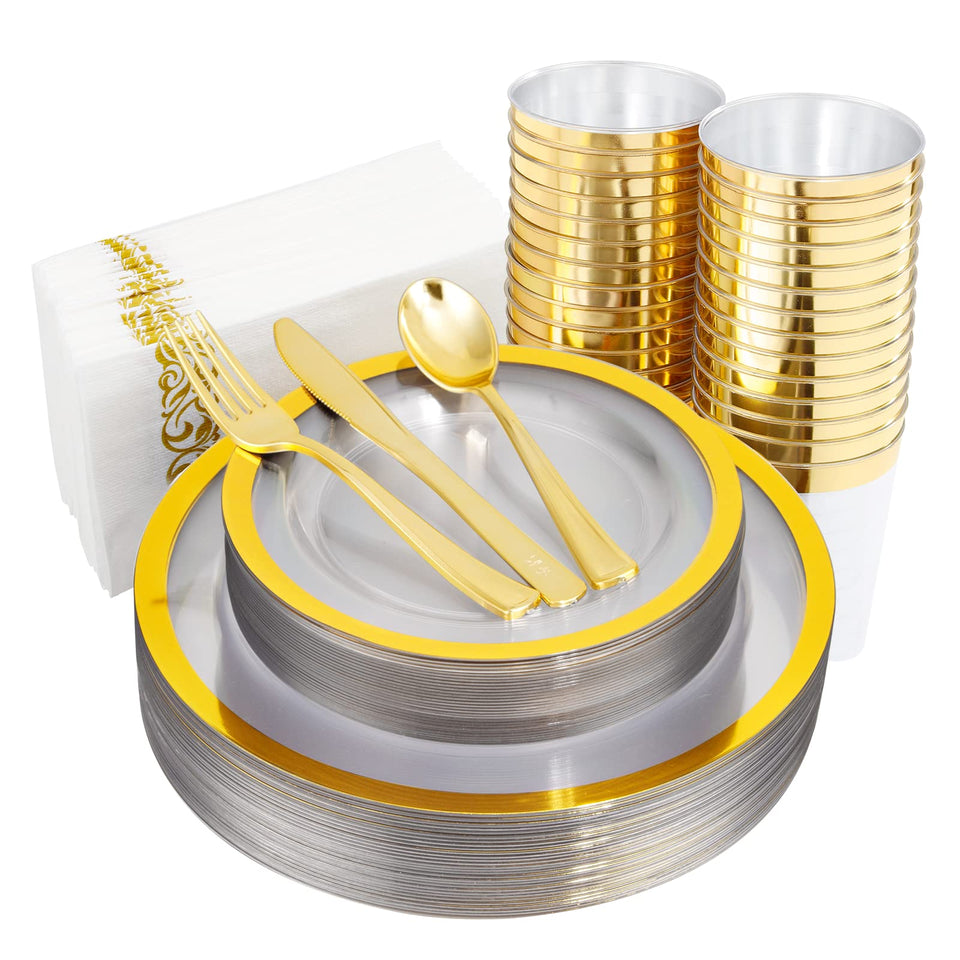 YOUBET 700PCS Silver Plastic Plates - White and Silver Disposable Plates - Silvery Plastic Dinnerware Set - Include 200 Plates, 300 Heavy Duty Silverware, 100 Cups and 100 Napkins for Wedding & Party