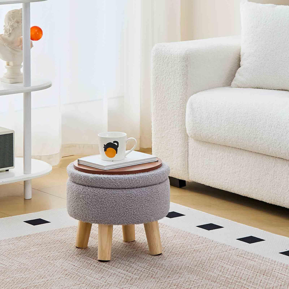 Wimarsbon Storage Ottoman, Modern Round Footrest with Soft Padded Seat, Teddy Velvet Footstool with Wood Legs, Accent Small Table or Plant Stand for Hallway, Living Room (Cream)