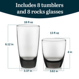 Libbey Ascent Tumbler and Rocks Drinking Glasses Set of 16, Glass Drinking Glasses with Curvature, Versatile Glassware Set for Parties and More