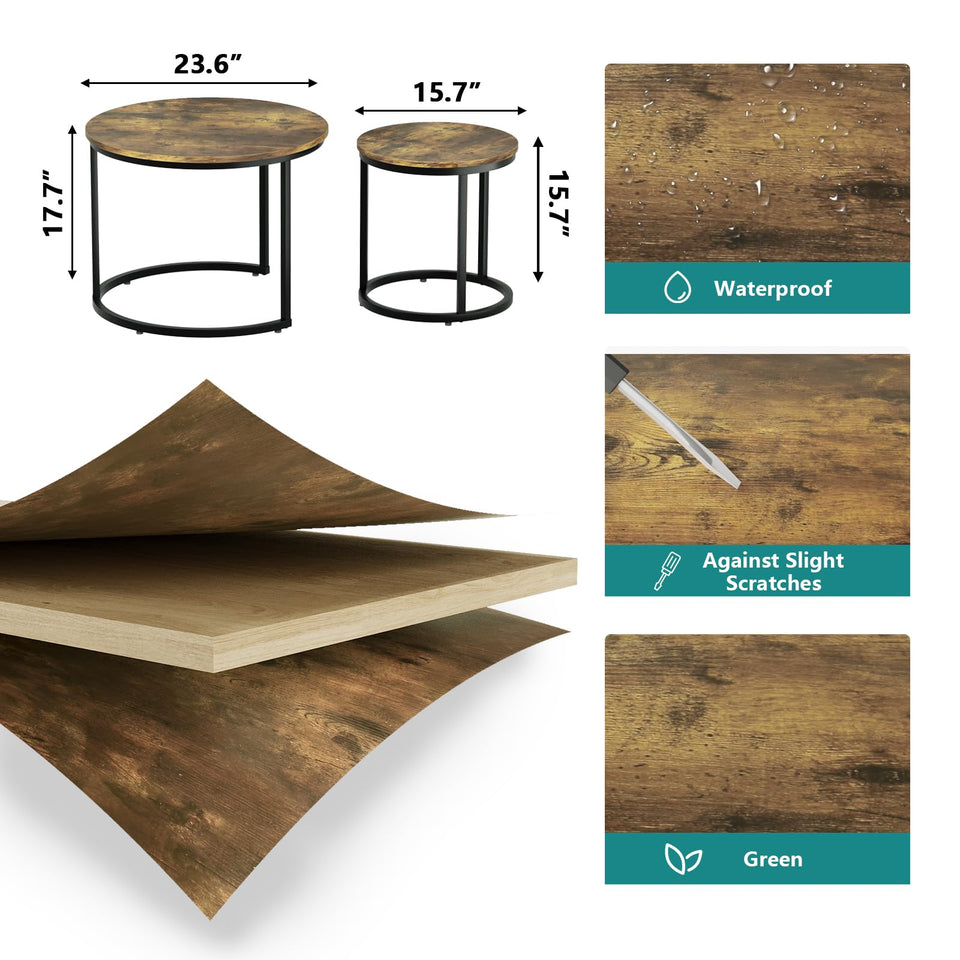 Smuxee Nesting Coffee Table Set of 2, 23.6" Round Coffee Table Wood Grain Top with Adjustable Non-Slip Feet, Industrial End Table Side Tables for Living Room Bedroom Balcony Yard