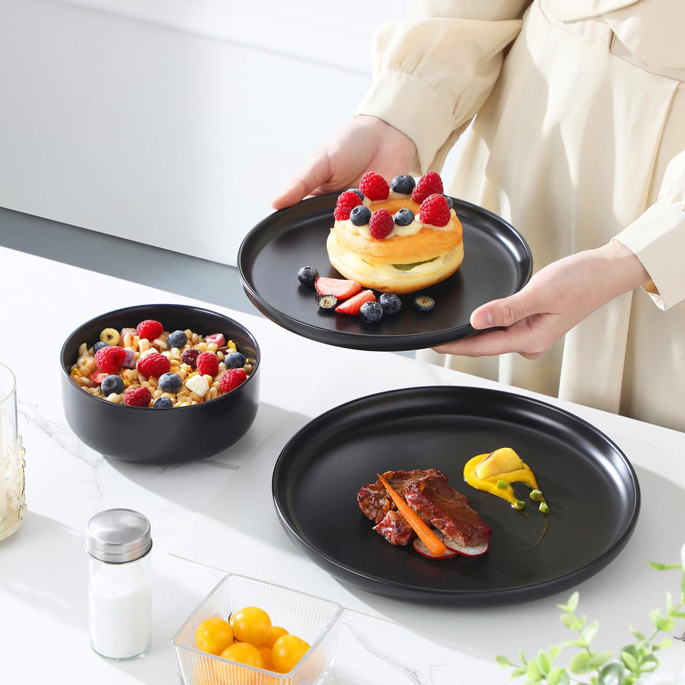 MALACASA Plates and Bowls Sets, 24 Pieces Modern Porcelain Dinnerware Set for 6 Ceramic Dishware Dishes White Kitchen Dinner Dining Ware Set wtih Black Rim Microwave and Dishwasher Safe, Series LUNA