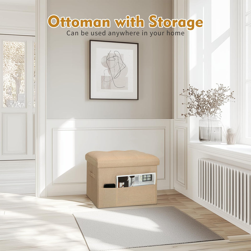 Storage Ottoman with Extra Thick Foam Padded Seat, Foldable Foot Rest Stool with Linen Fabric, 43L Ottoman with Storage Bench for Bedroom Living Room, Holds Up to 300lbs, 17x13x13in, Dark Gray