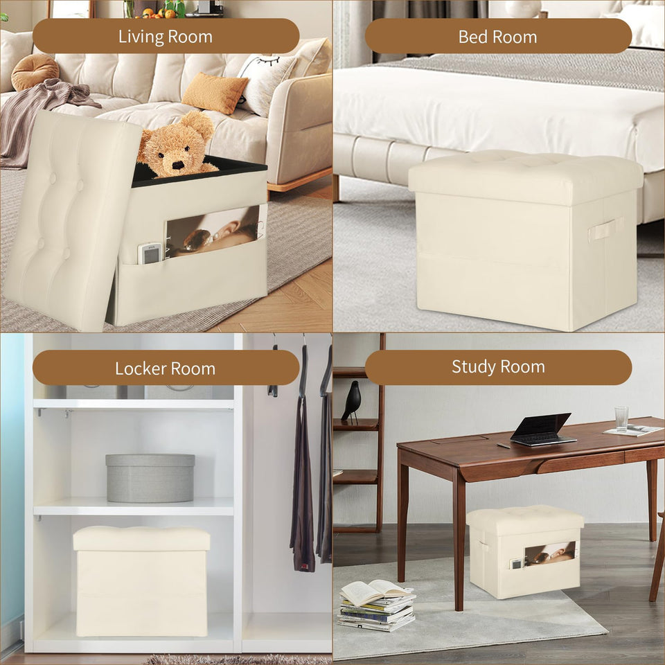 Storage Ottoman Foot Rest Stool, Foldable Leather Footstool Storage Bench with Thicker Foam Padded Seat. Foot Rest Under Desk for Living Room Bedroom 350 lbs, 17x13x13 in, Brown