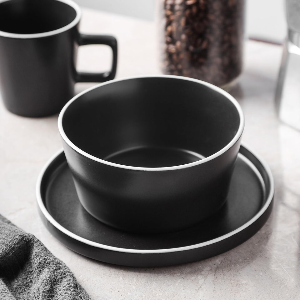 Stone Lain Celina Stoneware 32 Piece Dinnerware Set, Plates and Bowls, Black Matte Dish Collection, Service for 8 – Contemporary Minimalist Style, Microwave & Dishwasher Safe