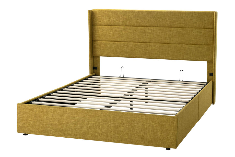 Allewie King Size Lift Up Storage Bed, Modern Wingback Headboard, Hydraulic Support, No Box Spring Needed, Light Beige