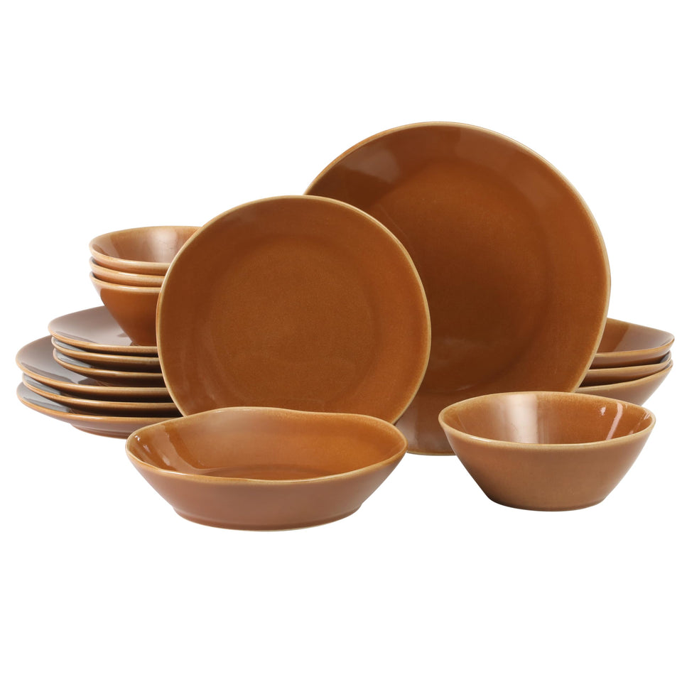 Bloomhouse Santorini Mist Double Bowl Terracotta Reactive Glaze Plates and Bowls Dinnerware Set - Amber, Service for Four (16pcs)