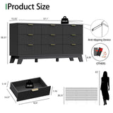 Fluted Dresser for Bedroom with 9 Drawers, 57" Wide Modern Chest of Drawers with Metal Handle, Wooden Dresser TV Stand, Wood Closet Clothes Storage Organizer for Living Room, Hallway, Natural Oak