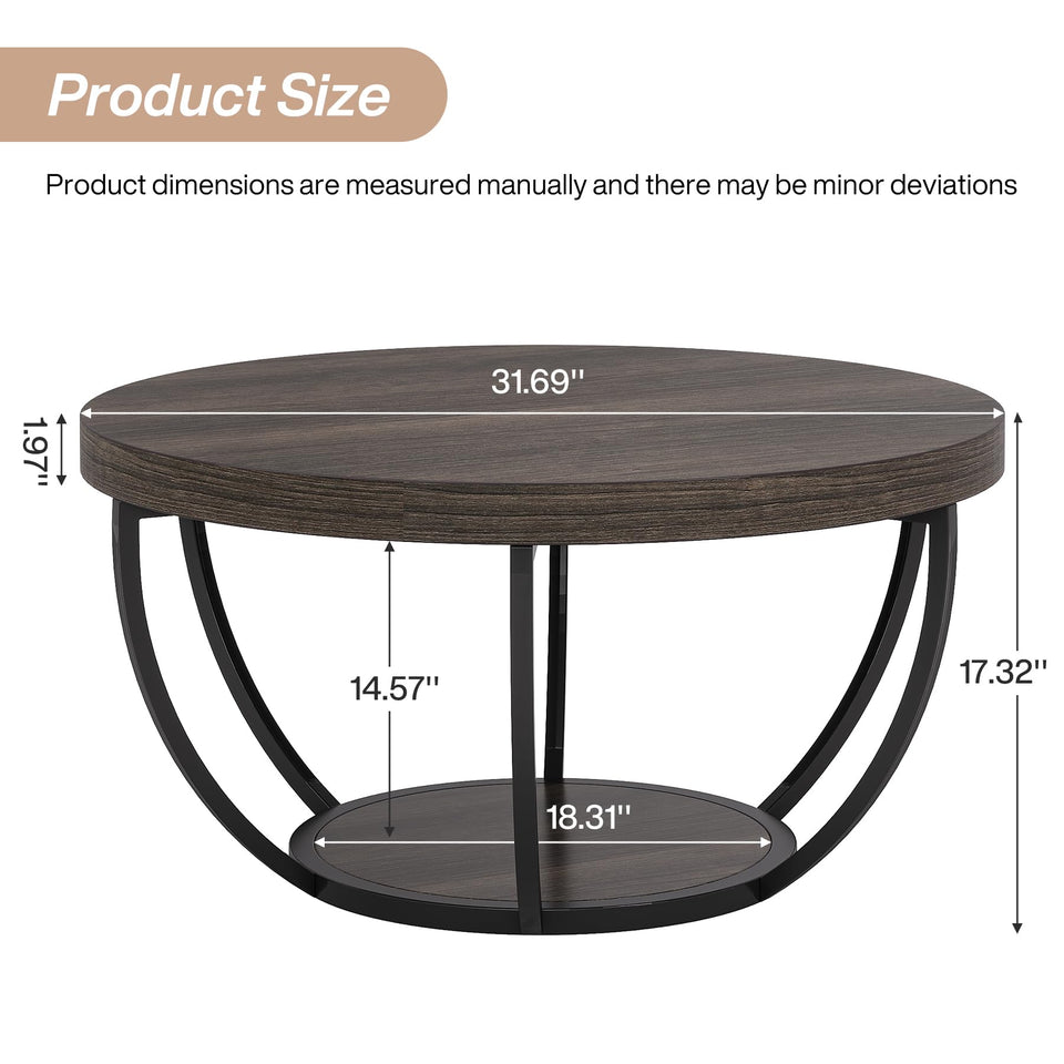 Tribesigns Round Coffee Table, 31.7" Wooden 2-Tier Circle Coffee Table with Storage Shelves, Modern Accent Cocktail Table Center Table for Living Room, Rustic Brown