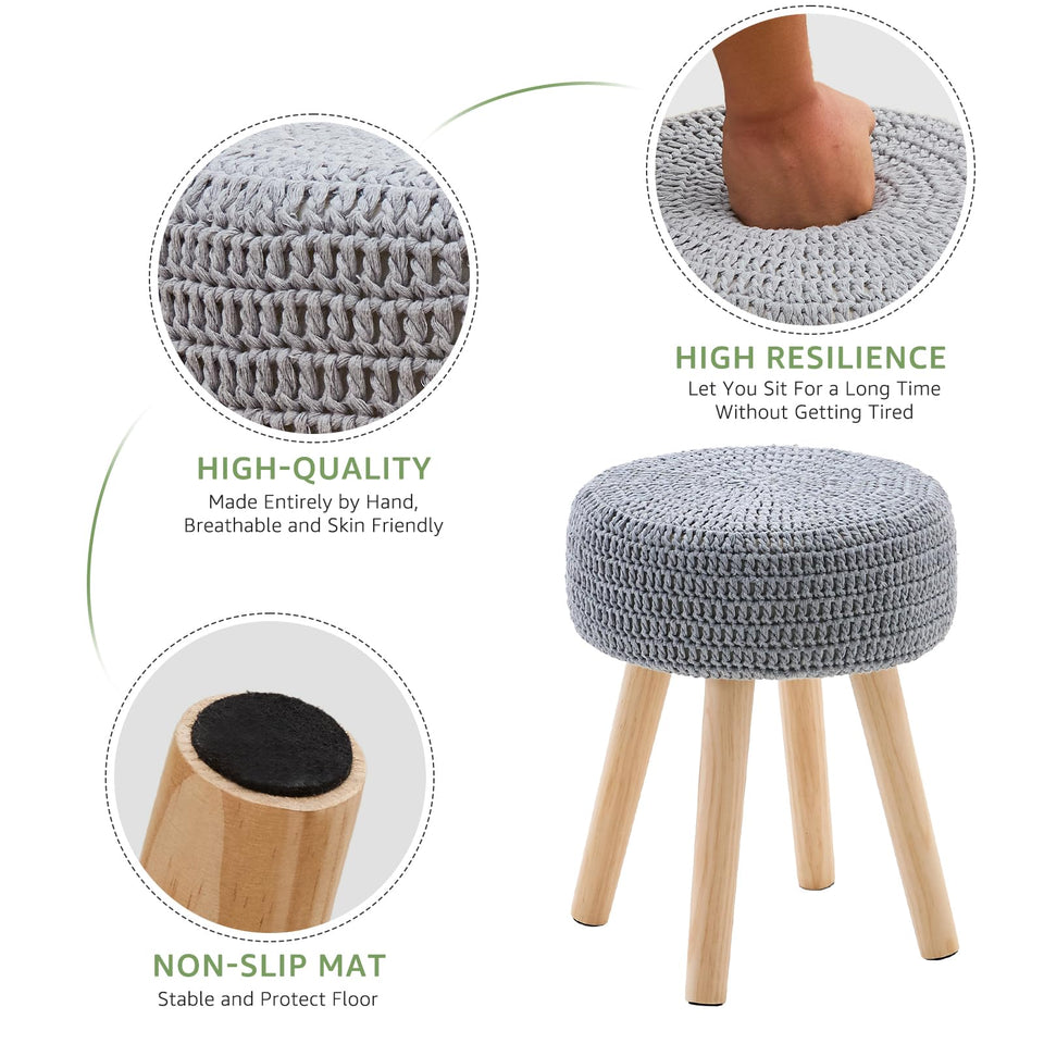 Wimarsbon Pouf Ottoman, 100% Cotton Knitted Boho Footstool, Round Footrest with Non-Skid Wood Legs, Home Décor Handmade Pouffe, Leisure Floor Step Stool for Living Room (Beige)