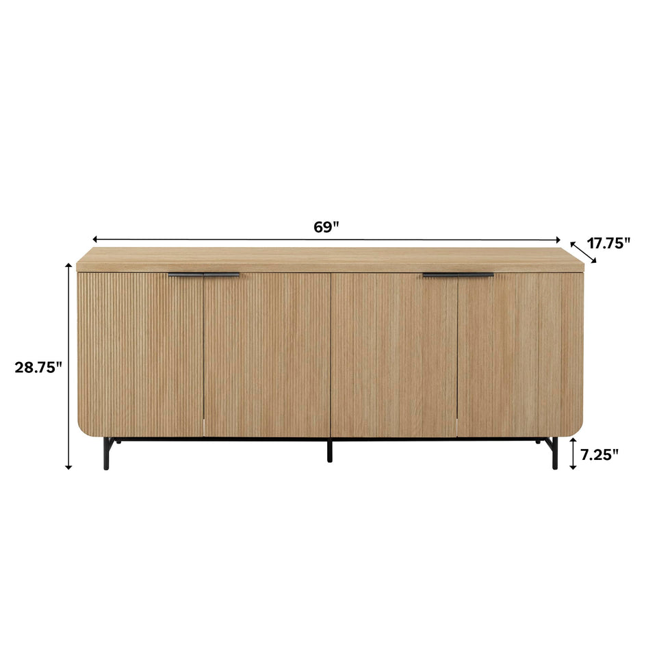 Walker Edison Reema Fluted 4-Door Kitchen Sideboard Buffet Console, 69 Inch, Coastal Oak