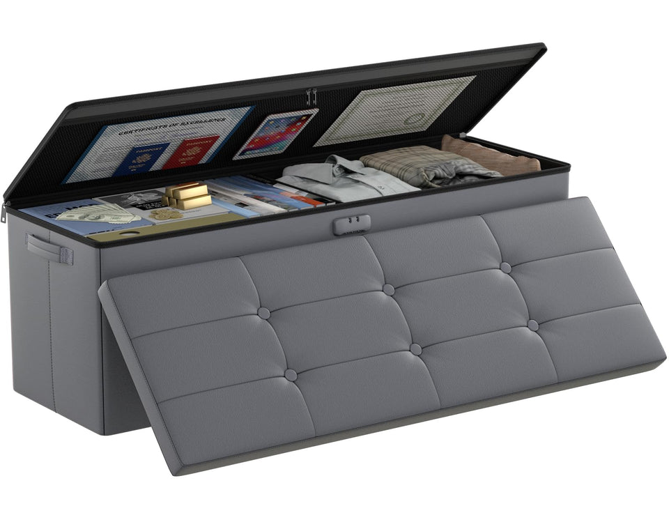 DocSafe Storage Ottoman with Lock,Fireproof Folding Ottoman Foot Rest Stool Storage Chest with Storage Safe for Important Documents,Waterproof 17 Inches Short Ottoman Foot Stool with Handles,Black