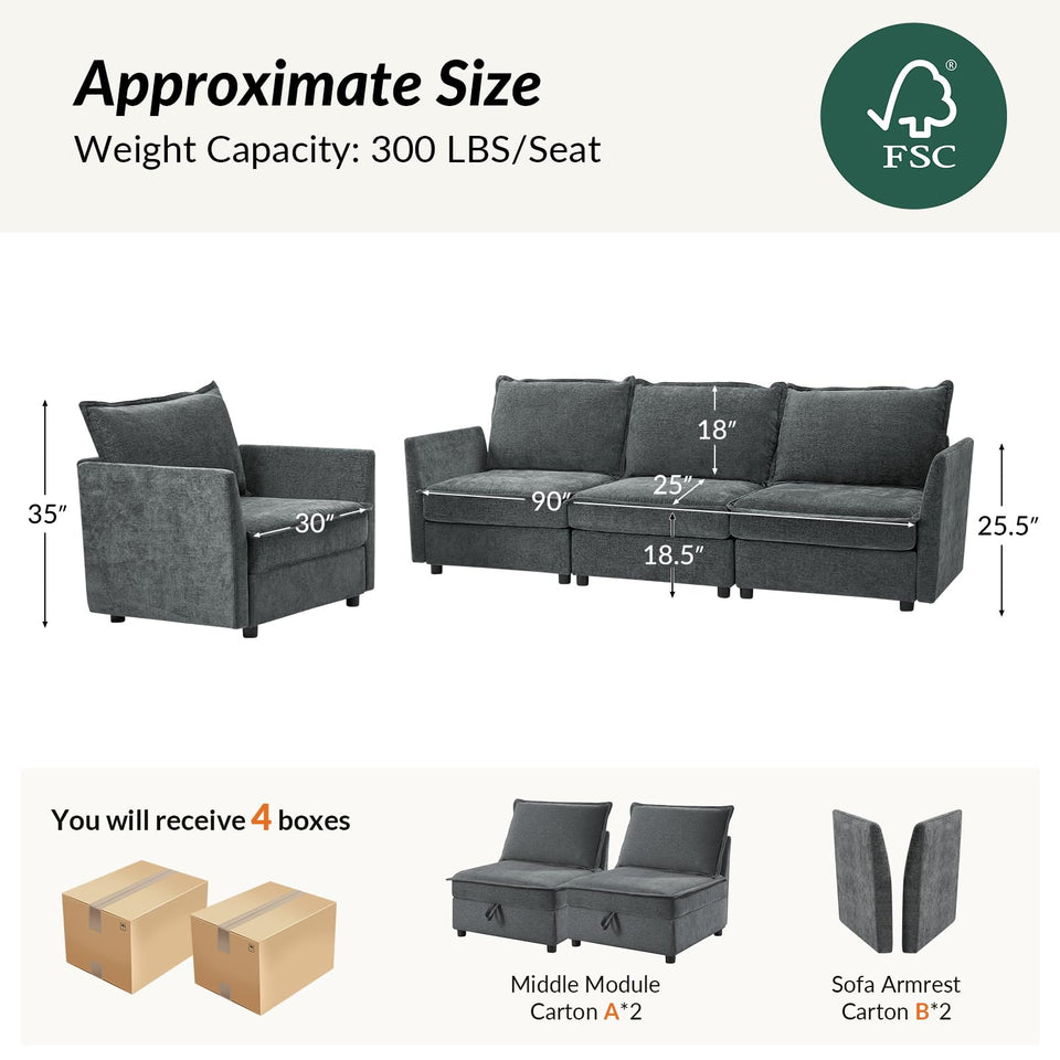 HULALA HOME 127'' Modular Sectional Sofa, Oversized U Shaped Couch with Storage Ottoman, Comfy Chenille Sofa with Deep Seat, 6 Seat Convertible Couches for Living Room, Beige