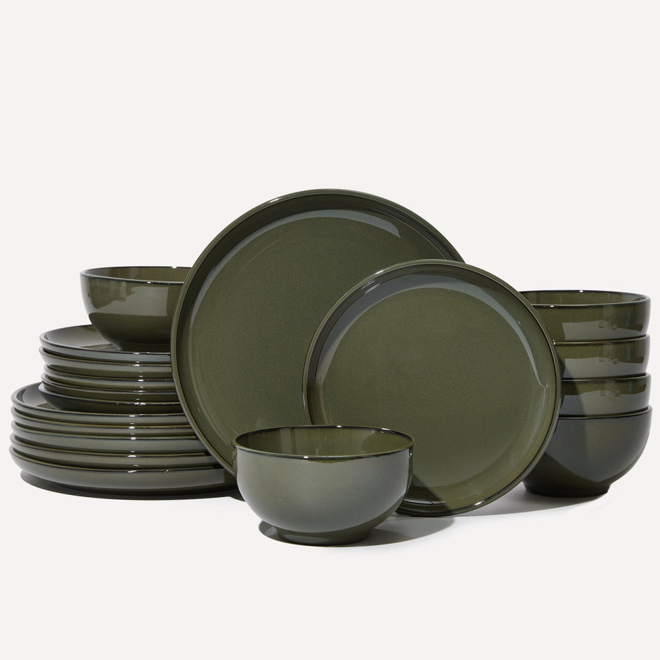 Pokini 24 Piece Dinnerware Sets for 8, Modern Stoneware Plates and Bowls Setst, Perfect for Family Gatherings & Holiday Celebrations, Easy Cleaning Dishes Set, Stack Compactly Dishware, Brown Green
