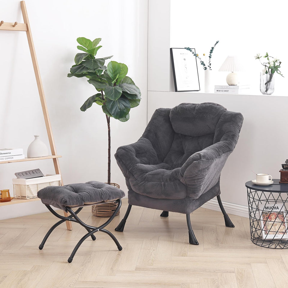 LITA Lazy Chair with Ottoman, Modern Accent Leisure Upholstered Lazy Sofa Armchair, Contemporary Lounge Reading Chair with Armrests and a Side Pocket for Living Room, Bedroom & Small Space, Dark Grey