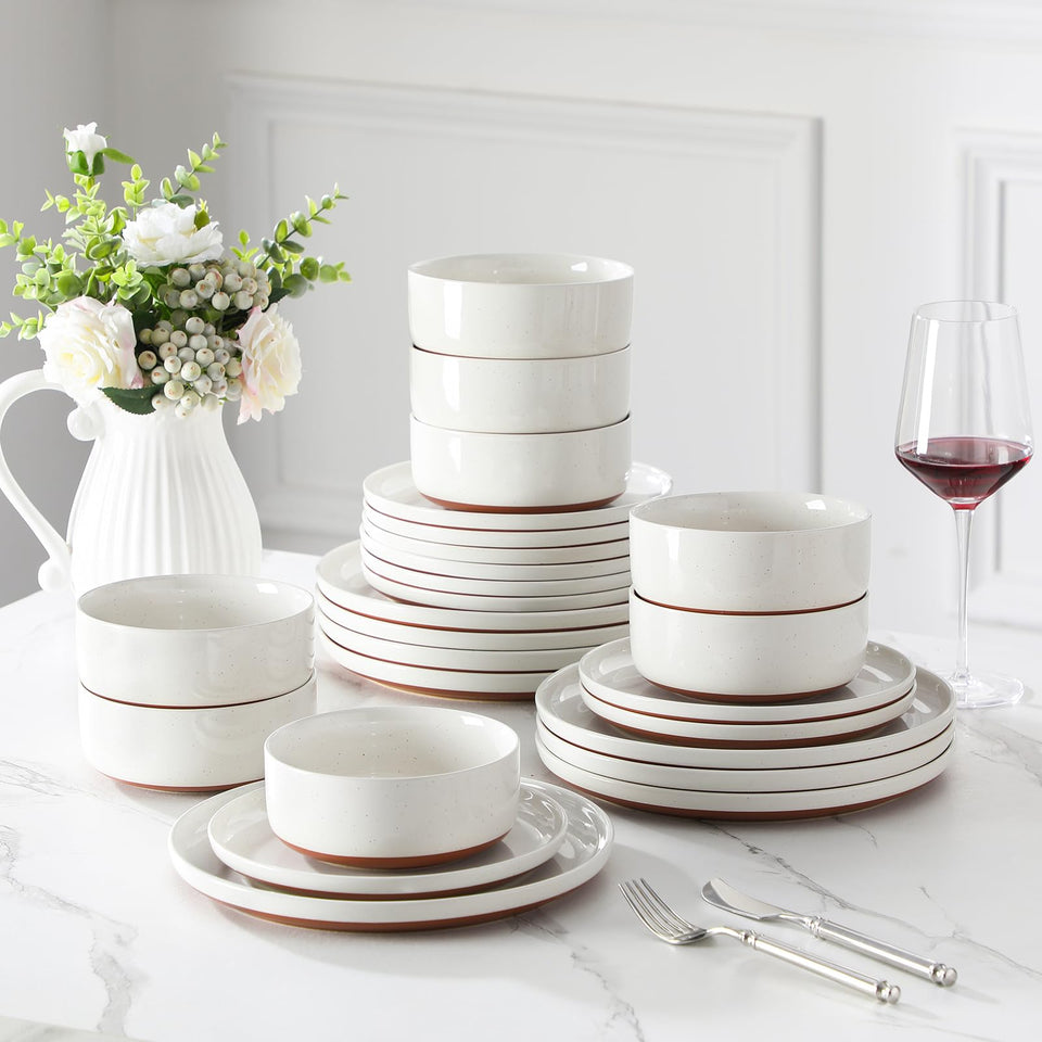 MALACASA Plates and Bowls Sets, 24 Pieces Modern Ceramic Dinnerware Set for 8 Kitchen Stoneware Dishes Dishware Set Microwave and Dishwasher Safe, White, Series TARA